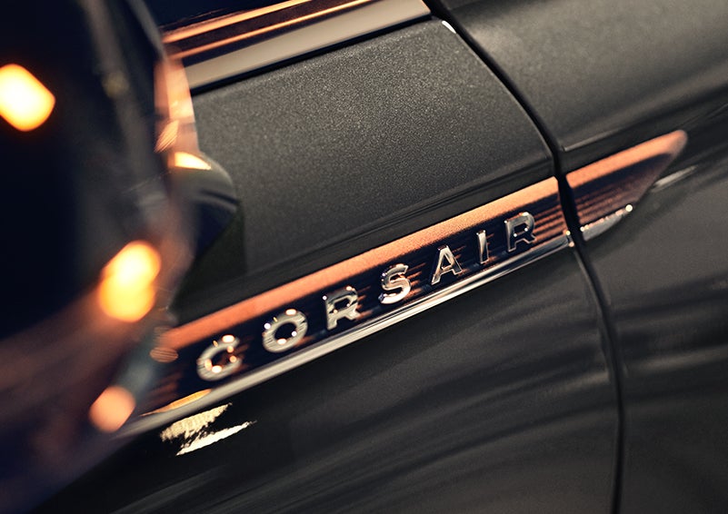 The stylish chrome badge reading “CORSAIR” is shown on the exterior of the vehicle. | Crossroads Lincoln of Southern Pines in Southern Pines NC